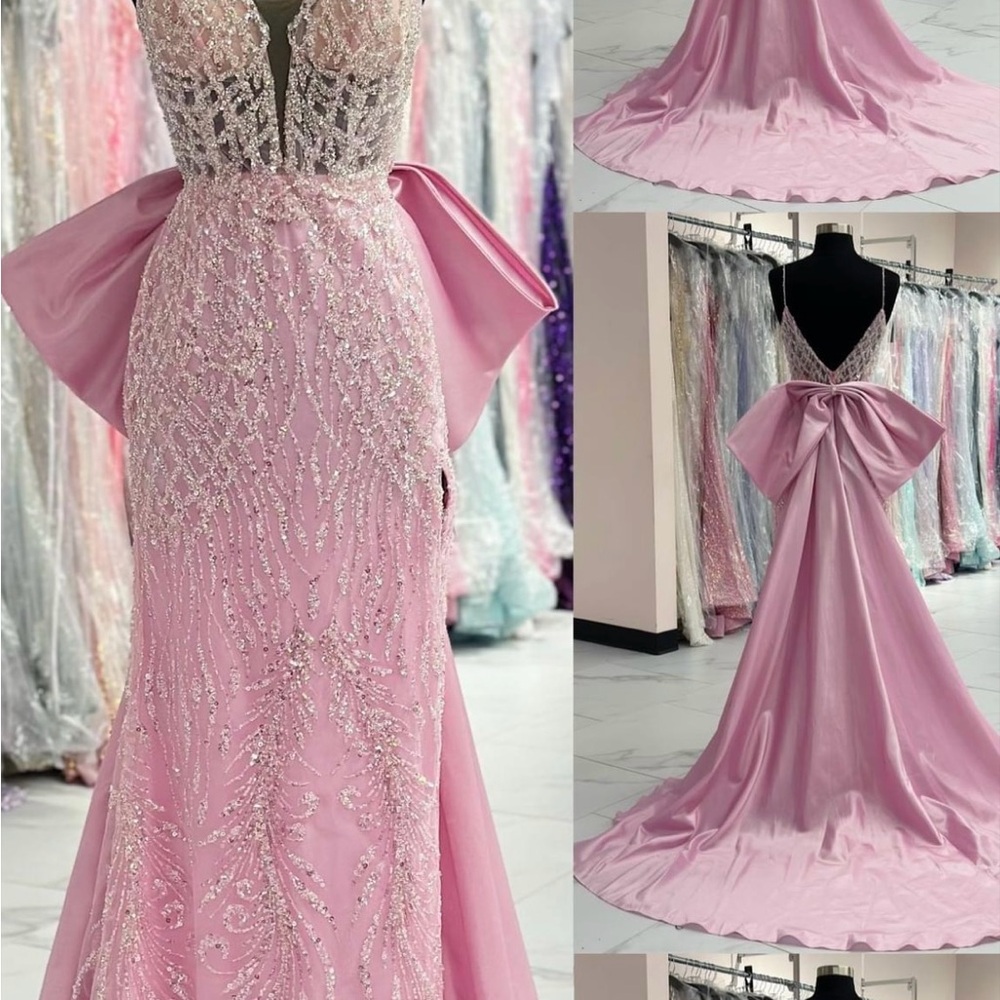Portia and Scarlett Pink Plunge Neck Gown for Prom